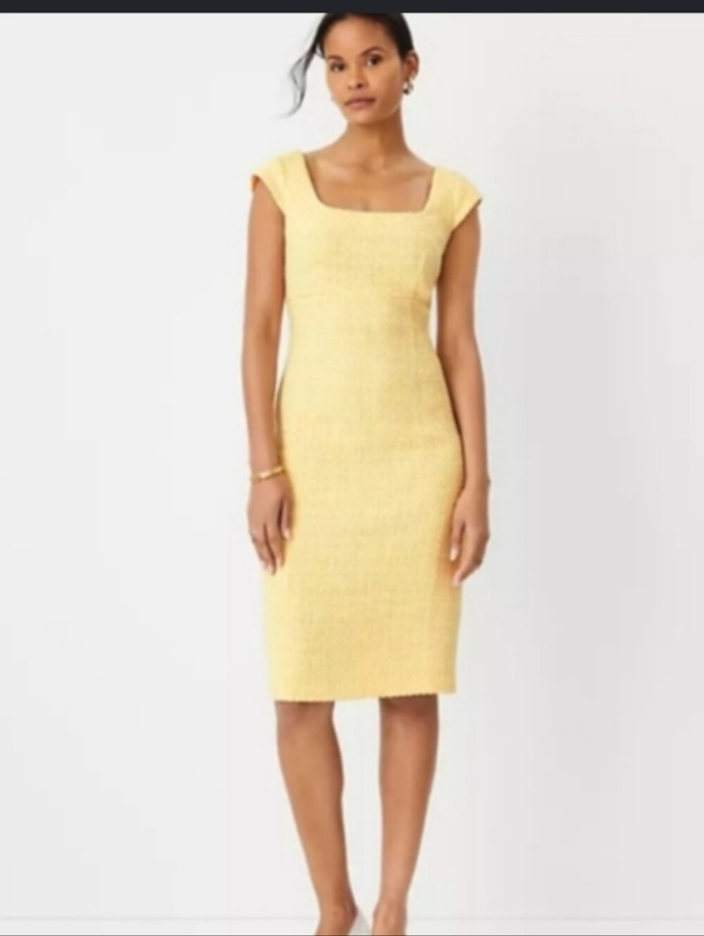 Ann Taylor Yellow Tweed Sheath Dress Sz 2P Square Neck Sleeveless Lined Zip NWT